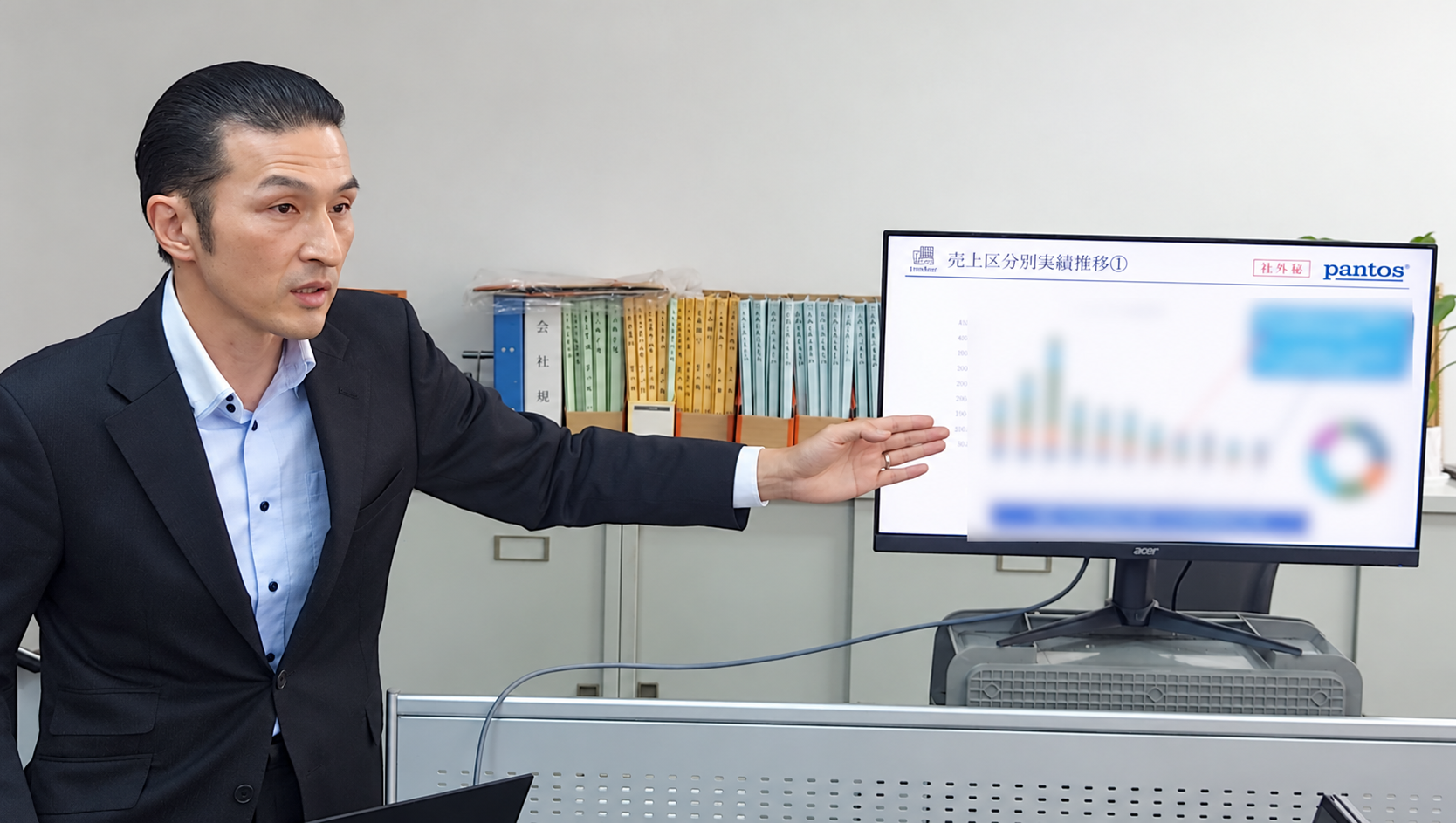 2024年12月の社内プレゼンで業績推移を説明する様子